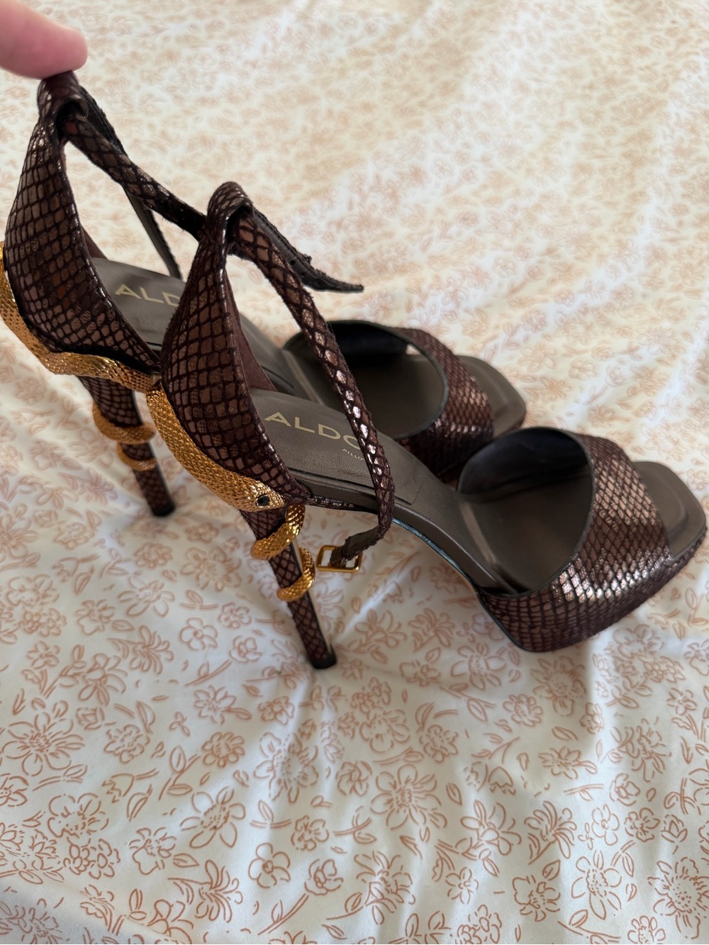 ALDO Brown Metallic Snake-Embossed High Heel Sandals with Gold Accent
